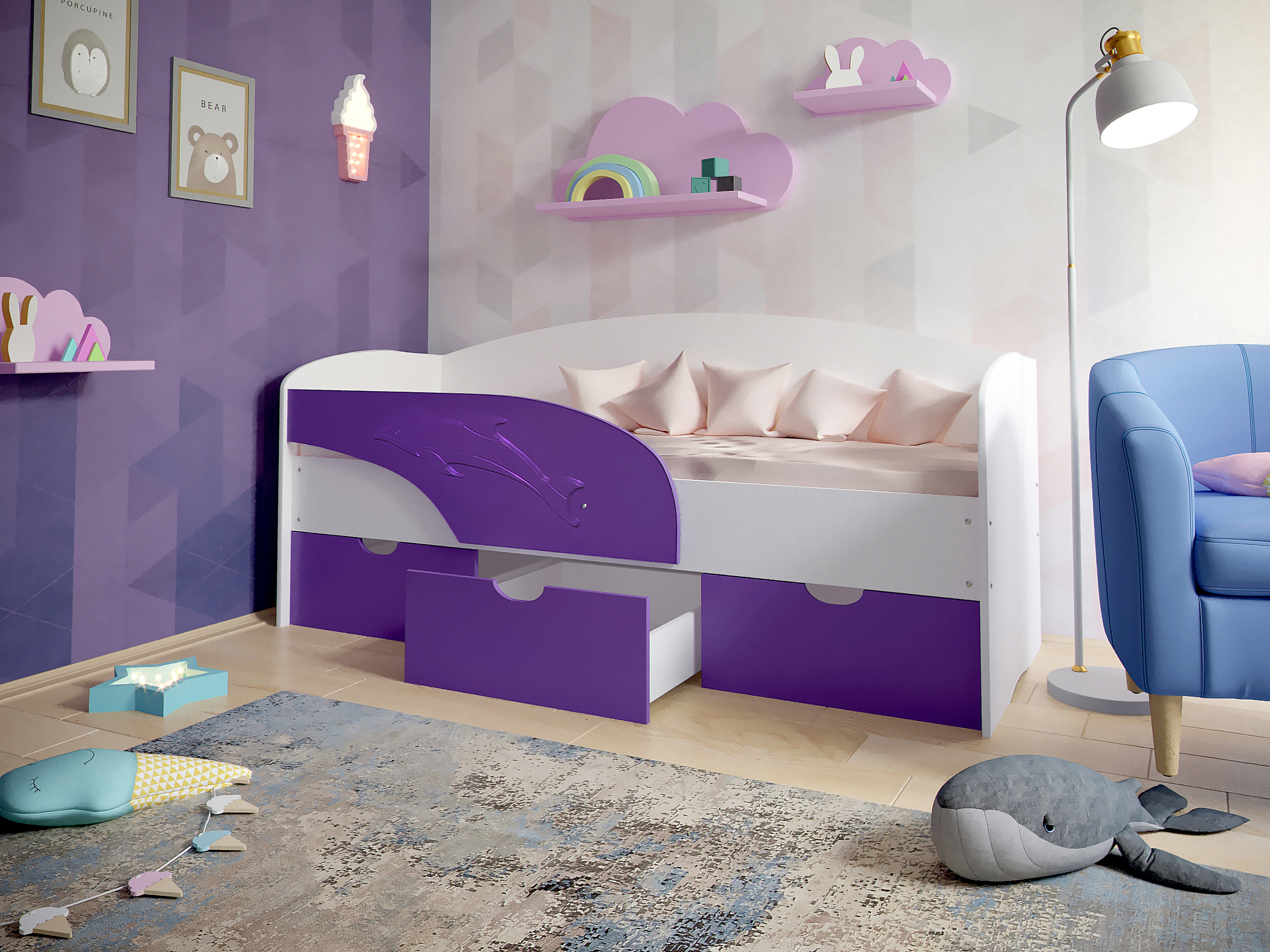 детская кровать дельфин фиолетовая