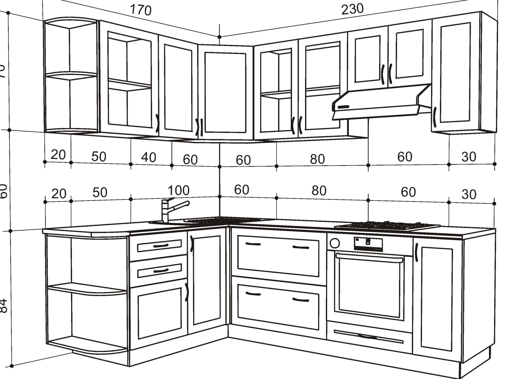 Высота верхних шкафов кухни 1200