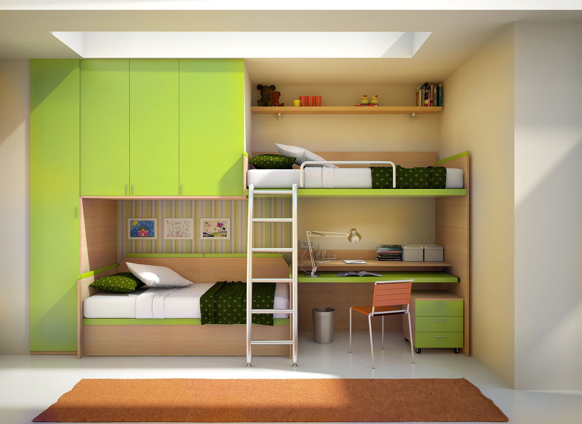 Маленькая детская комната с двухъярусной кроватью