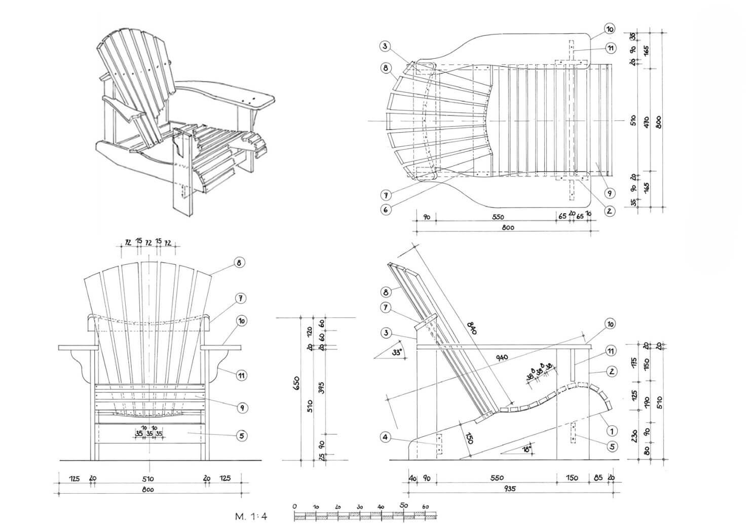 Кресло Адирондак чертеж с размерами