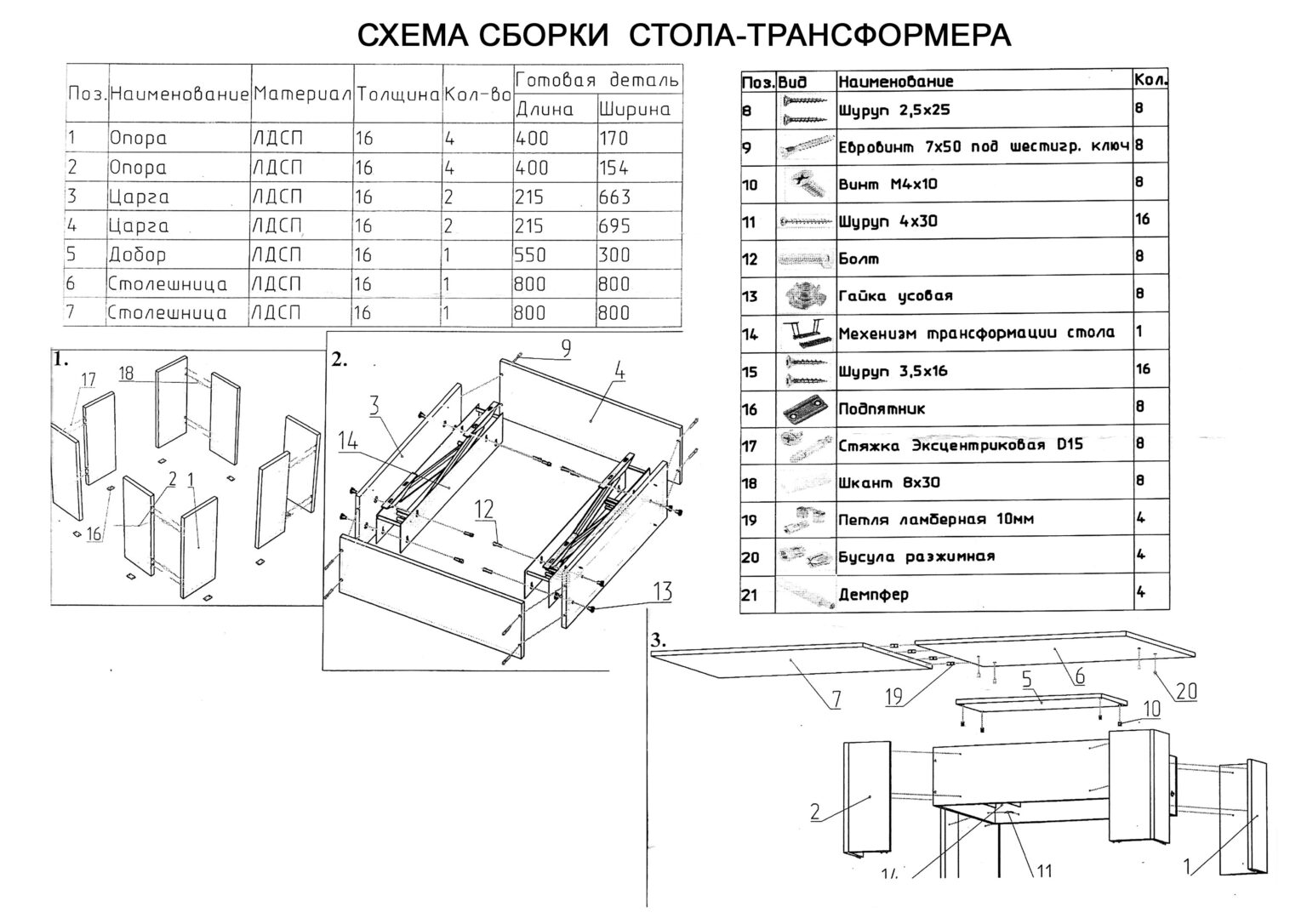 Схема механизма стола трансформера