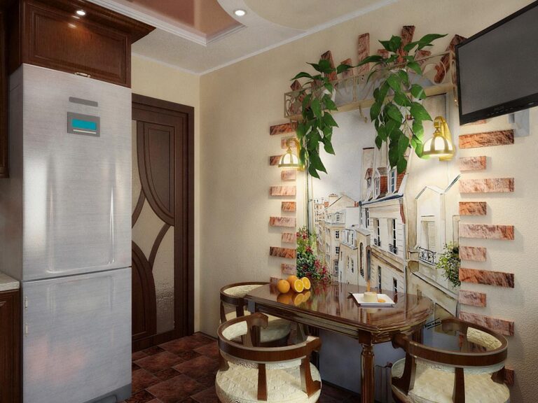 Оформление стены на кухне возле обеденного стола в классическом стиле