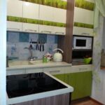 зеленая кухня с черной плитой
