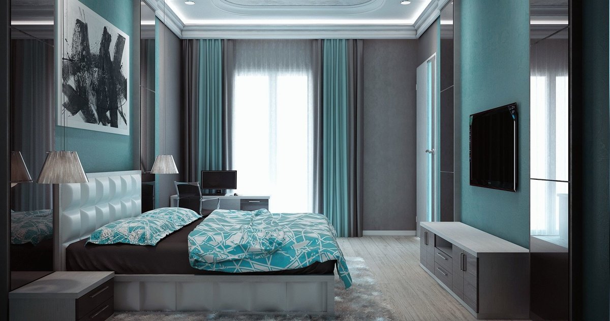 Бирюзовые шторы: фото в интерьере гостиной, спальне или кухне .