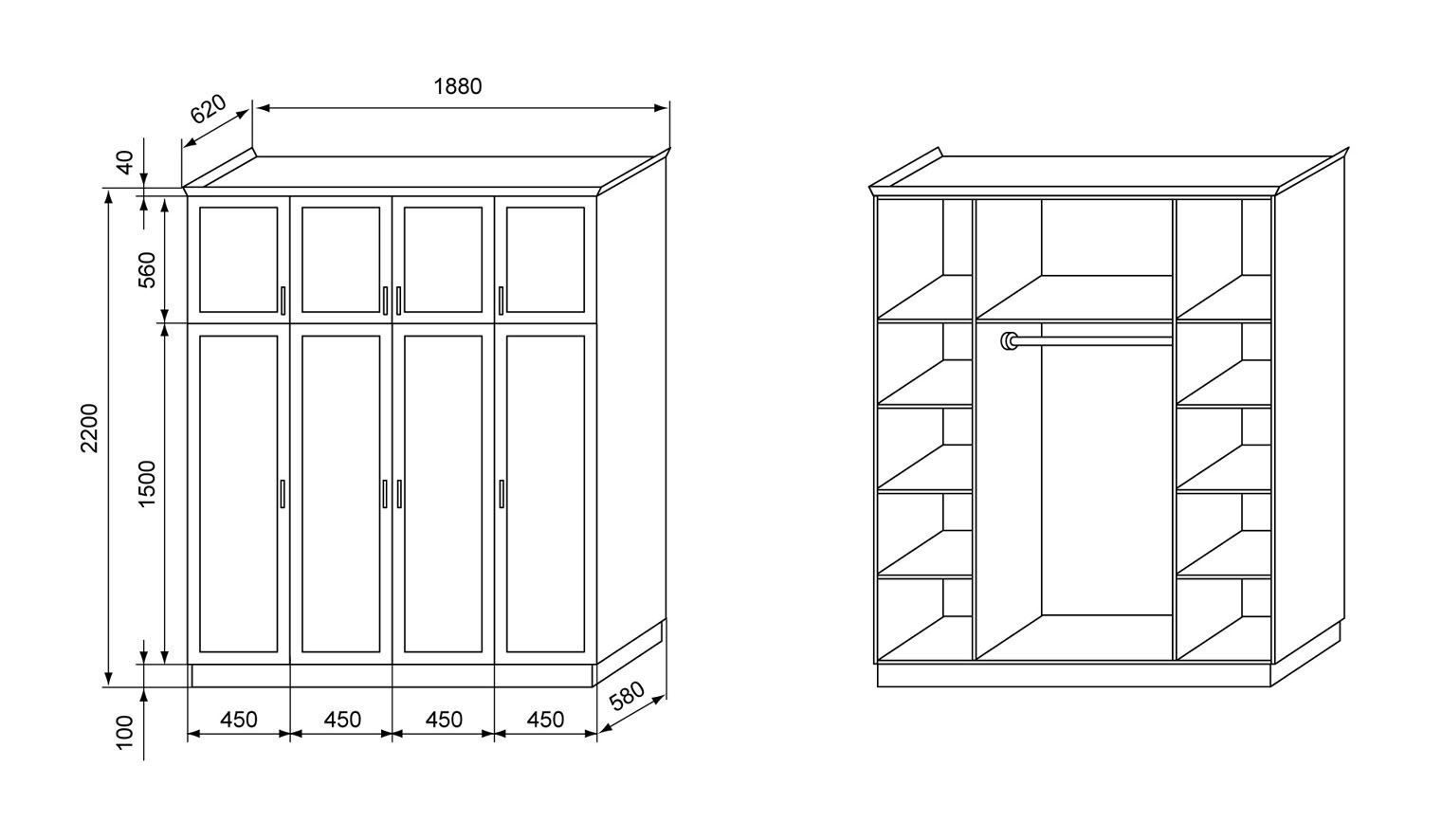 Шкаф купе 1800х2400х600 чертеж