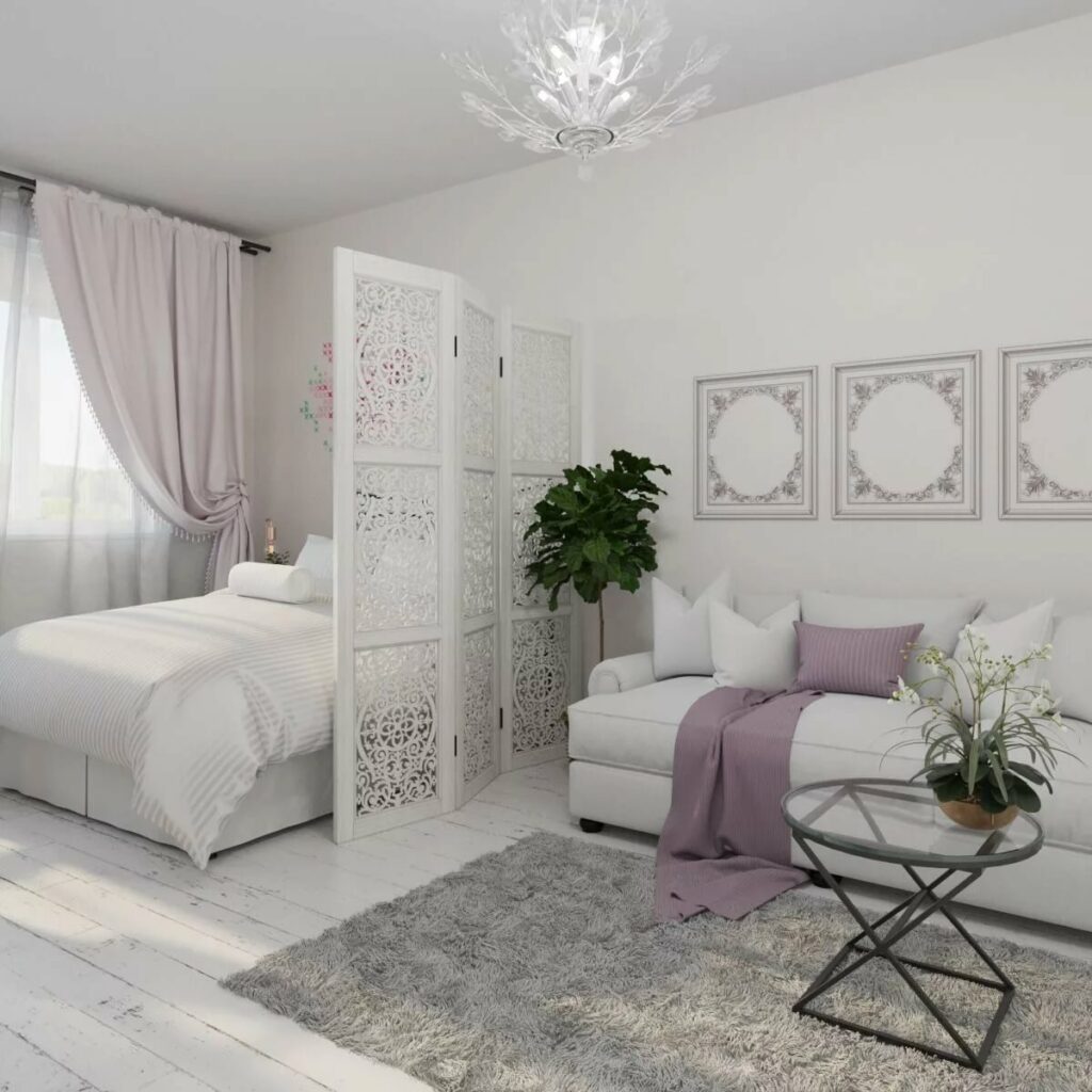 Комната с белой мебелью с серыми стенами