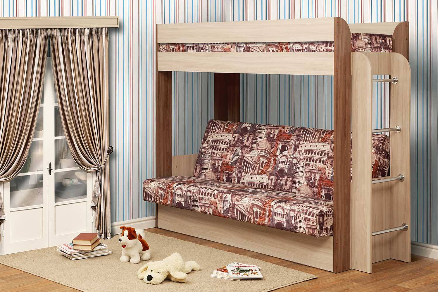 Кровать двухъярусная с диваном из дерева