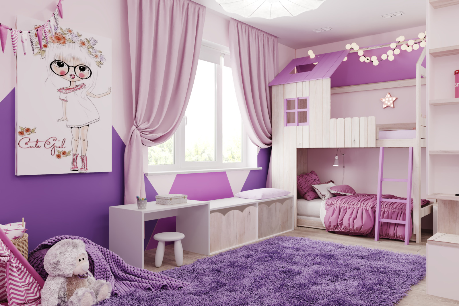 шторы к фиолетовым обоям в детской. 