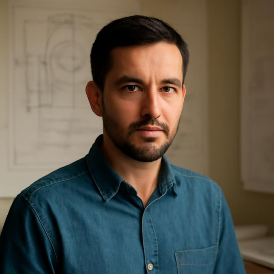 Дмитрий Ковалёв — портрет инженера в рабочей обстановке с чертежами на фоне