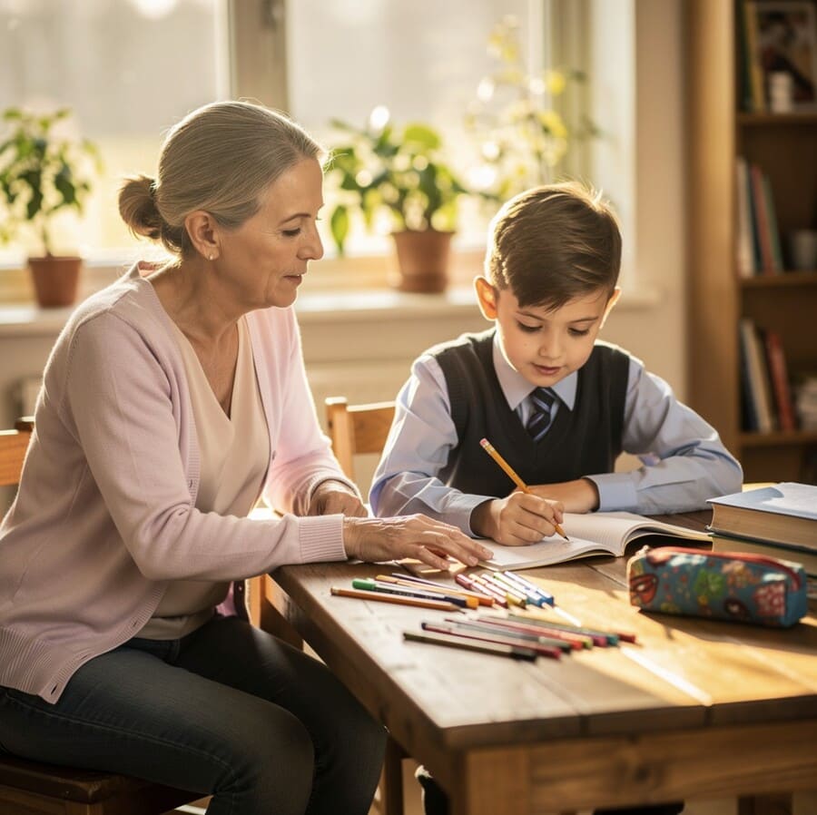 Няня помогает школьнику с домашним заданием