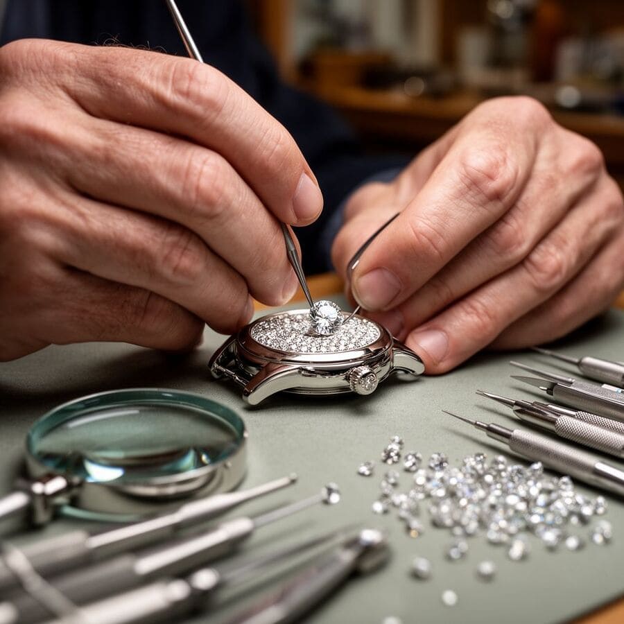 Инкрустирование часов в ювелирной мастерской