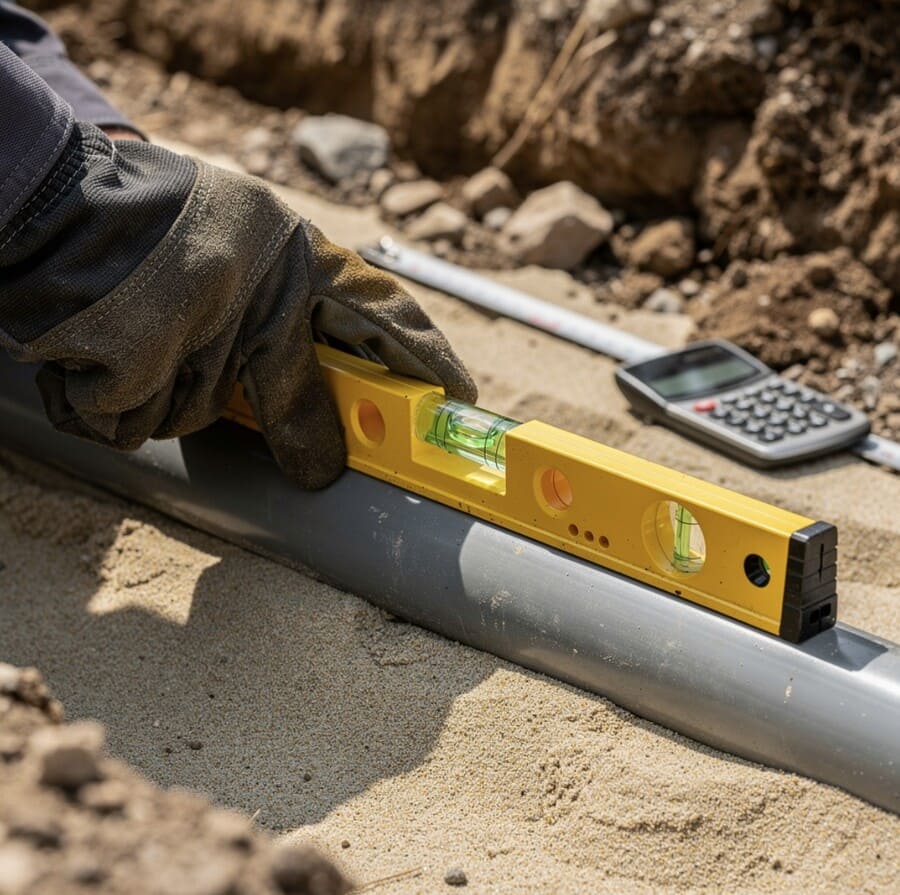 Проверка уровня укладки труб