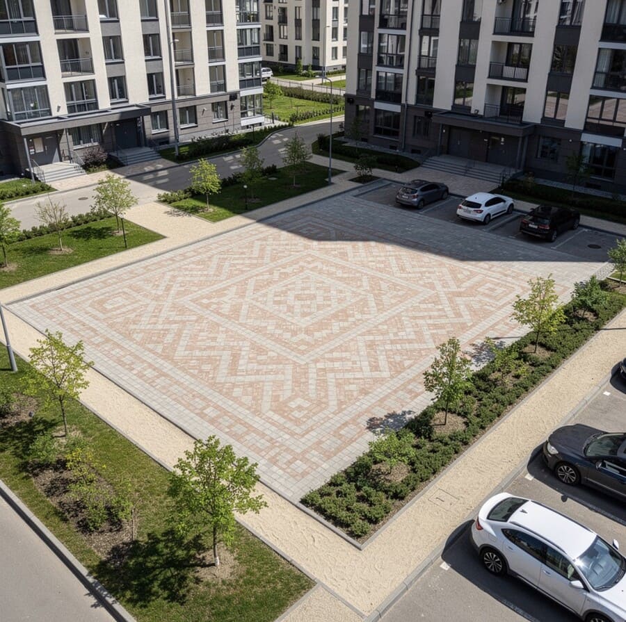 Тротуарная плитка, уложенная в городе. Вид сверху.