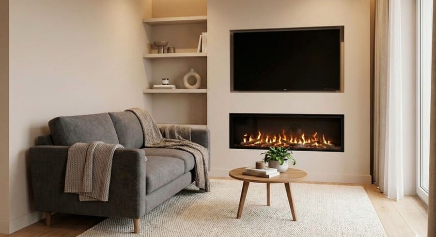 Электрический камин в интерьере маленькой гостиной под телевизором