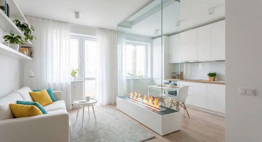 Белый камин с зеркалом в интерьере для визуального расширения пространства