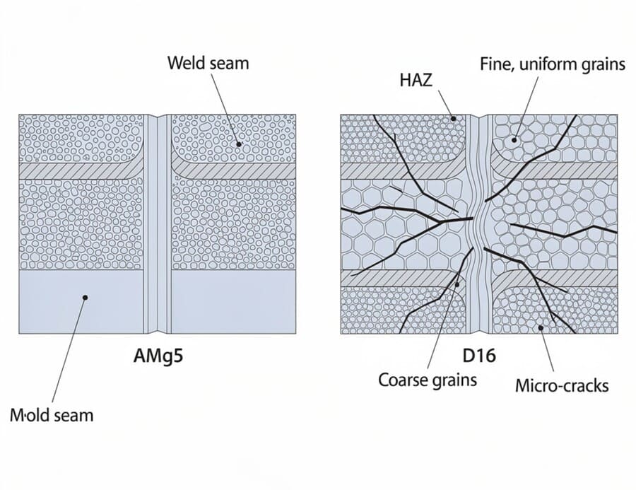 Техническая схема поперечного сечения двух расположенных рядом алюминиевых сварных соединений - одно с маркировкой AMg5 и одно с ма