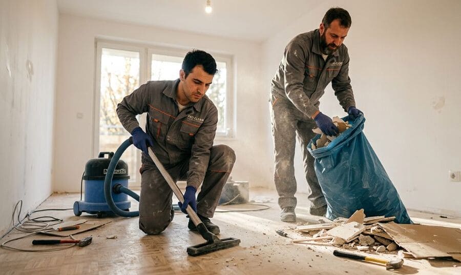 Специалисты проводят уборку после ремонта, удаляя пыль и мусор