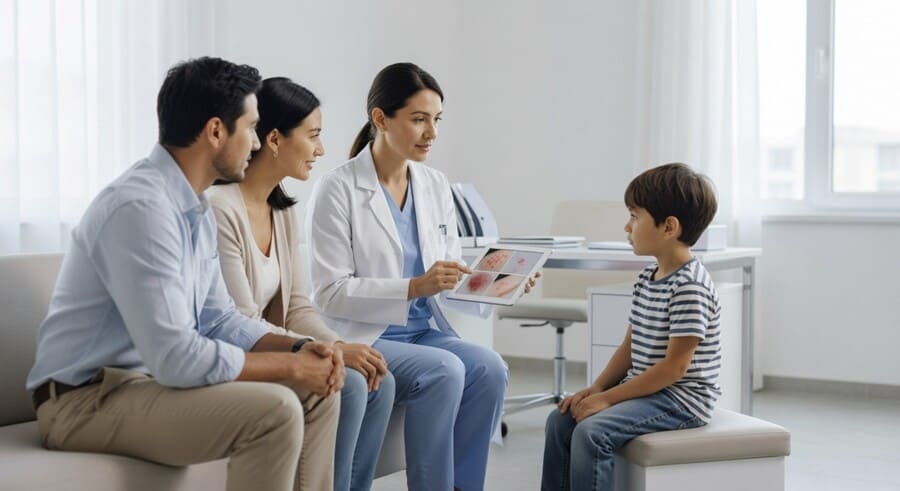 Доктор рассказывает про крапивницу родителям ребенка