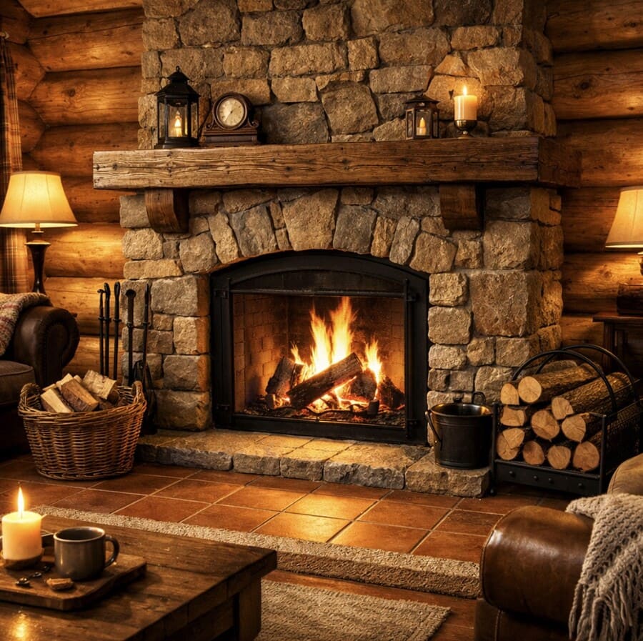 Уютный камин в деревянном доме