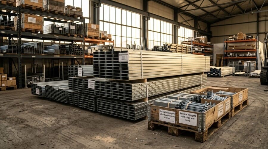 Различные типы профилей для гипсокартона на складе стойки, направляющие и подвесы в стопках