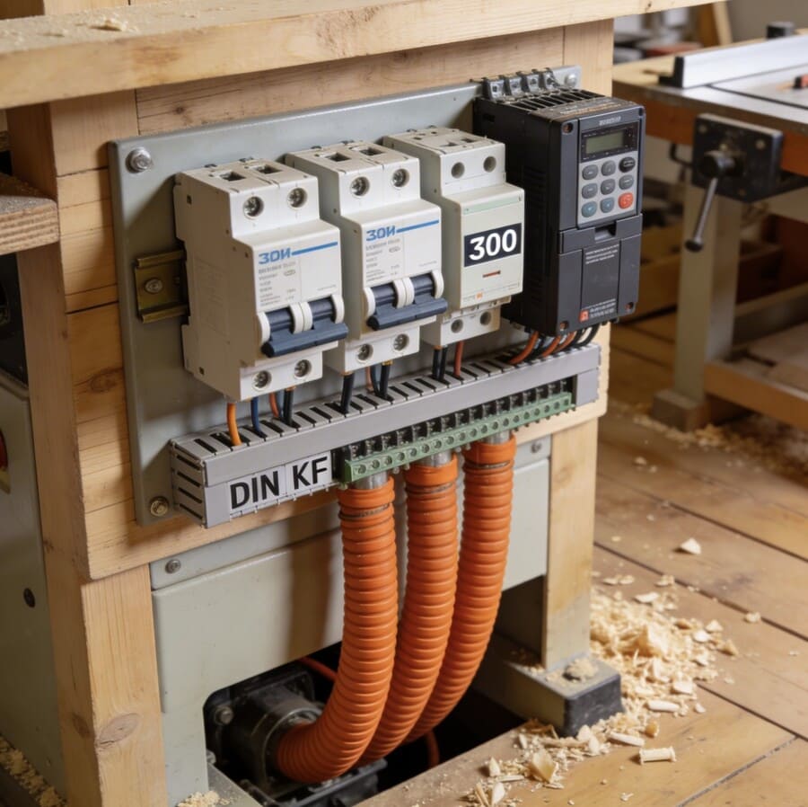 Крупный план электрического щитка в деревянной мастерской