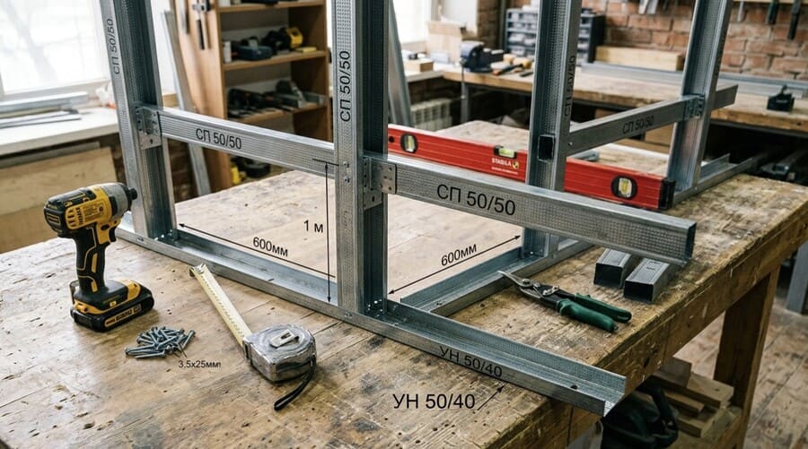 Схема сборки каркаса из стоечных и направляющих профилей для гипсокартонной перегородки