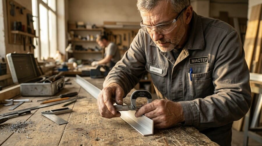 Мастер измеряет толщину металла профиля микрометром на строительном столе