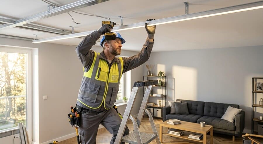 Рабочий устанавливает потолочный профиль с интегрированной светодиодной подсветкой в гостиной