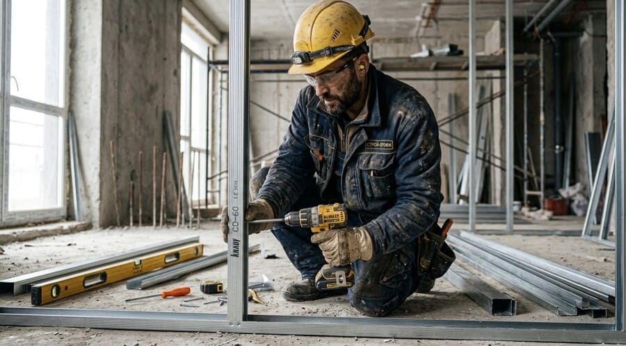 Строитель крепит стоечный профиль саморезами к направляющему в процессе сборки перегородки
