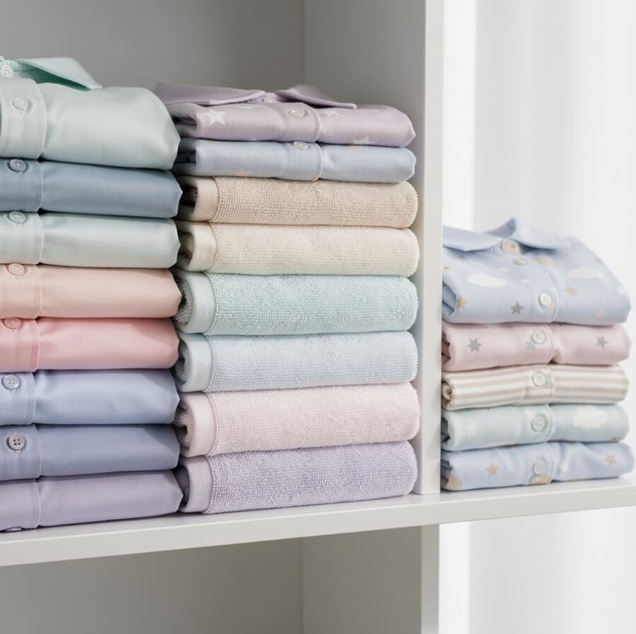 Аккуратно сложенная одежда на полке