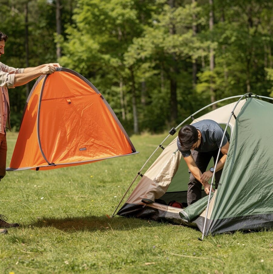 Автоматическая и классическая палатка в момент установки