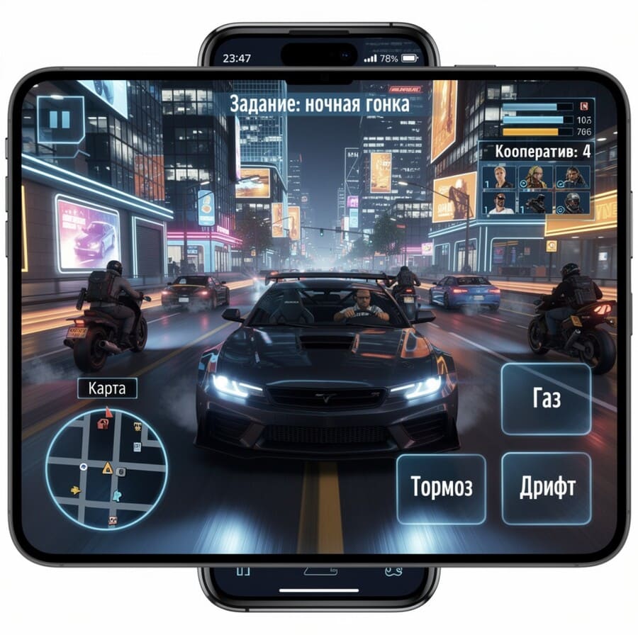 Динамичная сцена из мобильной игры в жанре открытого мира