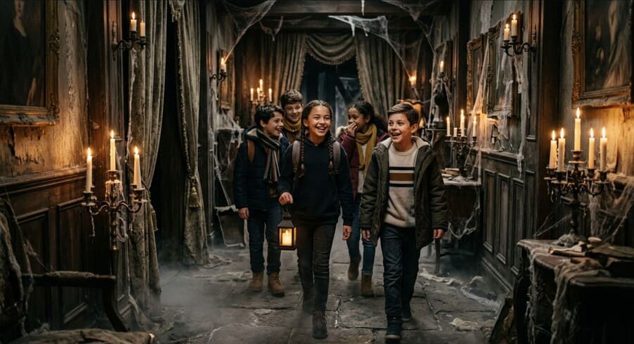 Группа детей 9–12 лет в полумрачном коридоре с театральными декорациями в стиле заброшенного особняка