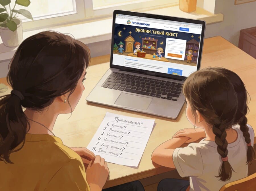 Мама с дочерью сидят за столом и смотрят в ноутбук, на экране — страница бронирования детского квеста