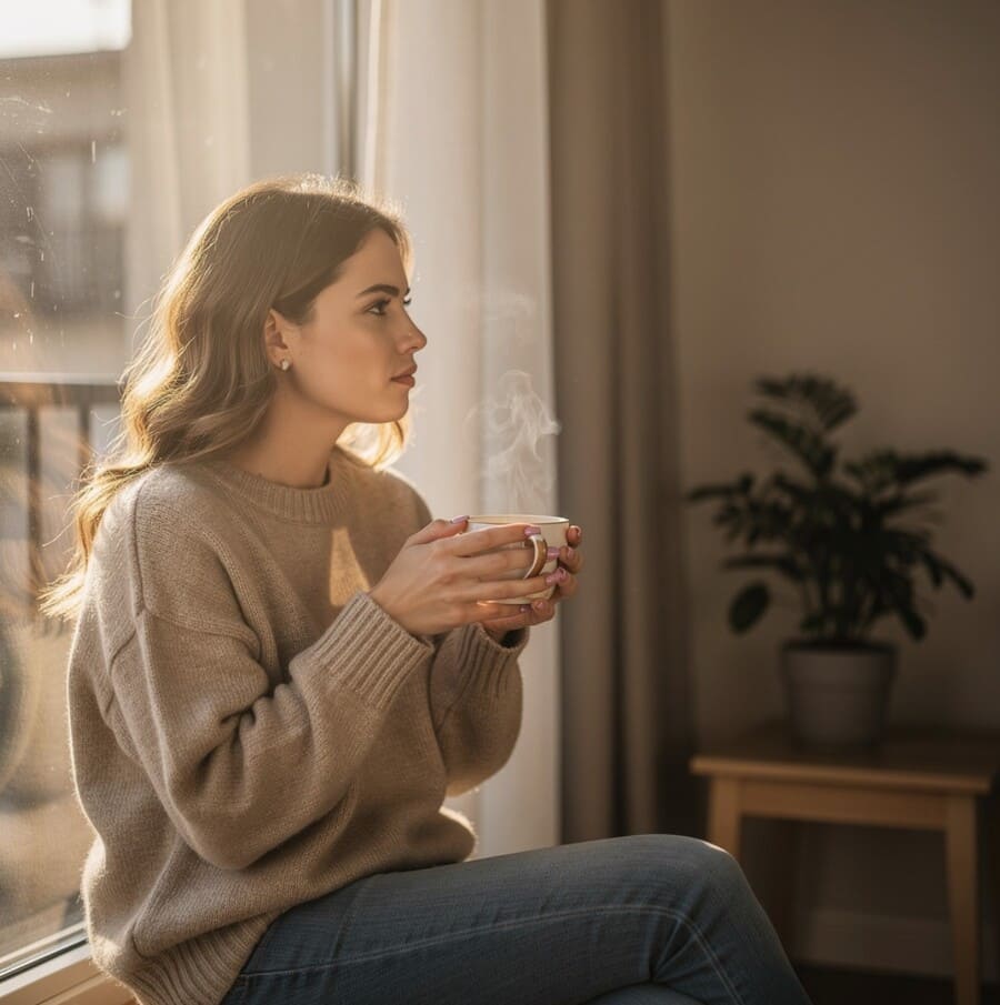 Молодая женщина сидит у окна, держит в руках чашку чая, смотрит вдумчиво вдаль