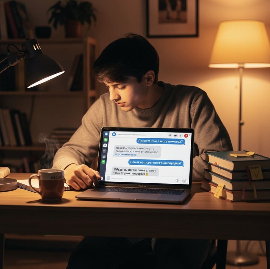 Молодой студент сидит за столом в уютной комнате с ноутбуком и стопкой книг