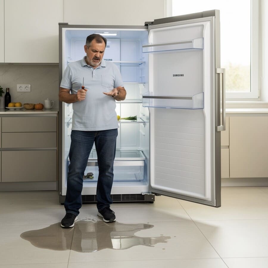 мужчина средних лет стоит перед открытым холодильником Samsung