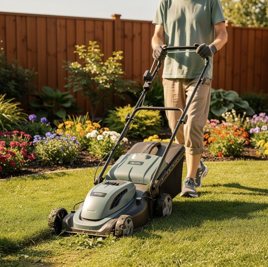 Мужчина стрижет газонокосилкой траву на участке