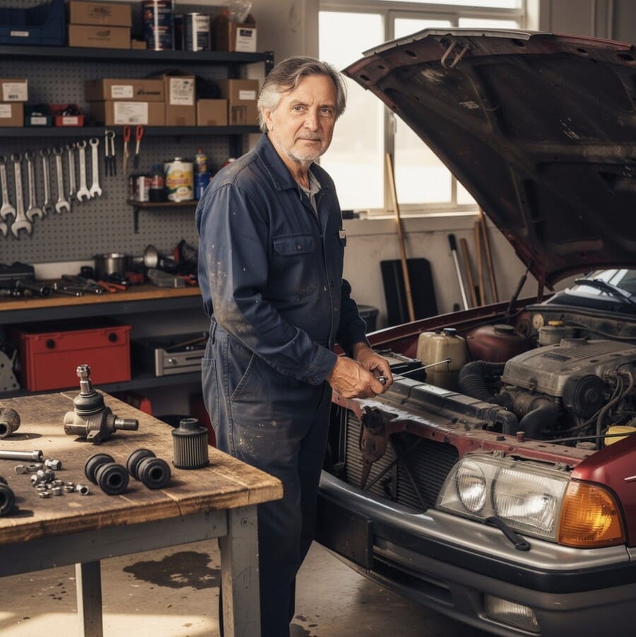 немолодой мужчина в рабочем комбинезоне стоит у открытого капота классического автомобиля 2000-х годов в гараже