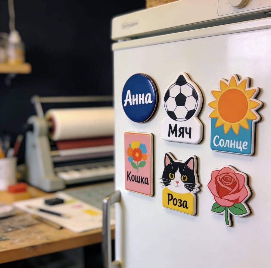 Несколько готовых персонализированных магнитов на белом холодильнике