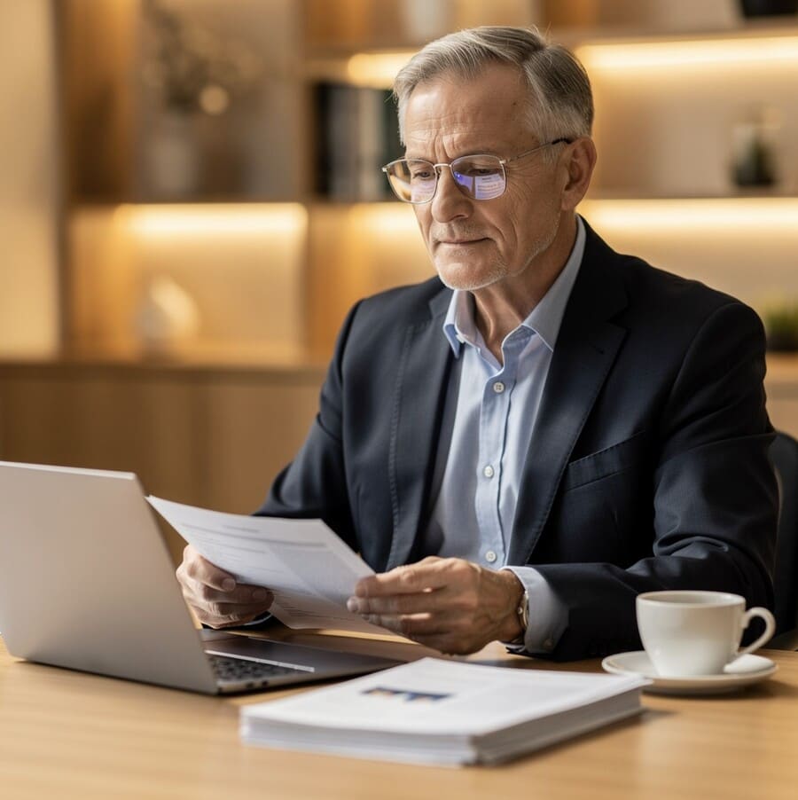 Пожилой мужчина лет 50–55, интеллигентного вида, сидит за рабочим столом в хорошо освещённом офисе