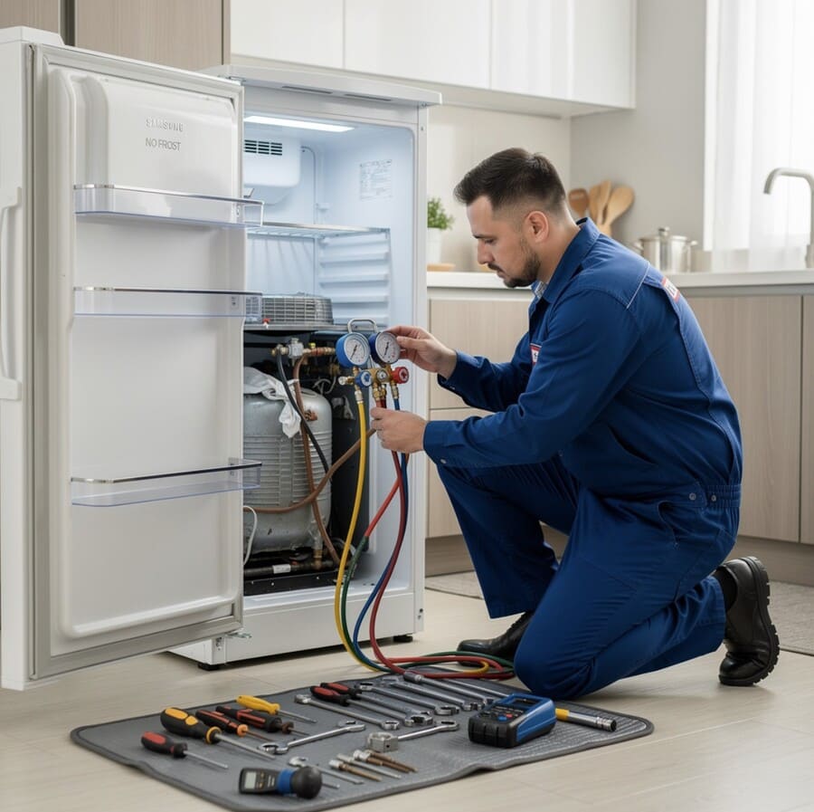 Профессиональный мастер по ремонту бытовой техники в синей фирменной спецовке работает с холодильником Samsung No Frost на дому