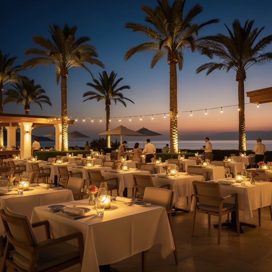 Роскошный открытый ресторан в средиземноморском стиле на территории турецкого пятизвёздочного курорта