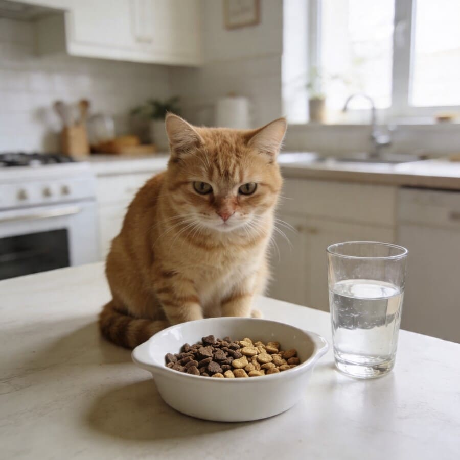 Рыжая домашняя кошка сидит перед белой керамической миской наполненной кормом