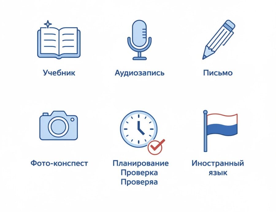 Семь иконок, каждая символизирует сценарий использования ИИ в учёбе