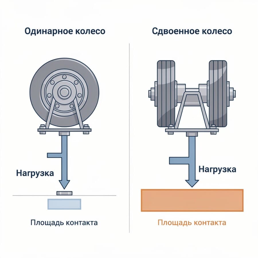 Схема-иллюстрация слева — одинарное промышленное колесо на кронштейне, справа — сдвоенное большегрузное колесо