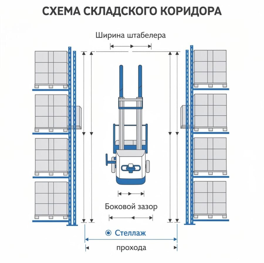 Схематичный вид сверху на складской коридор