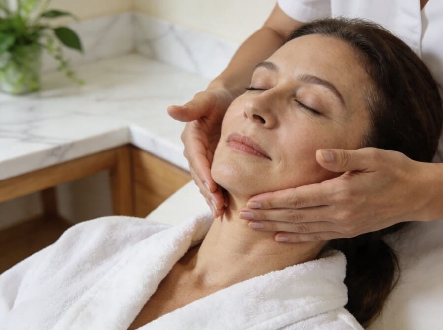 Женщина средних лет выполняет профессиональный массаж лица