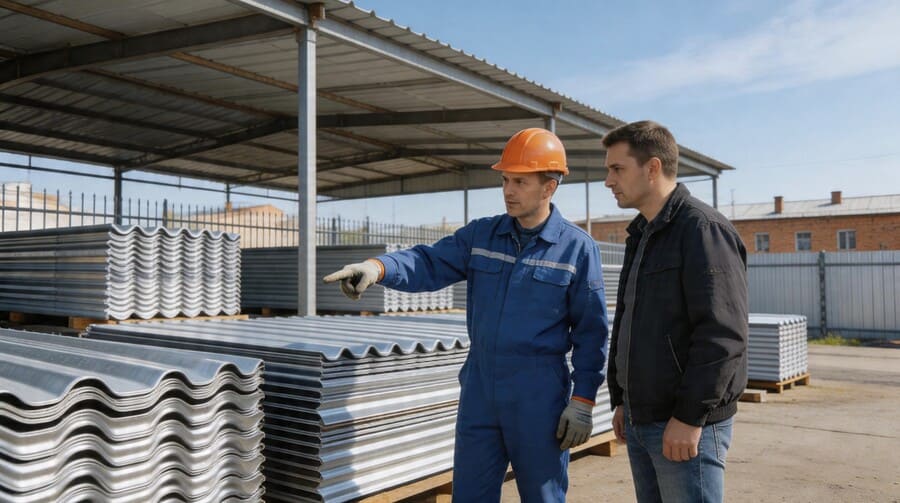 Стопки профнастила под навесом на строительной базе