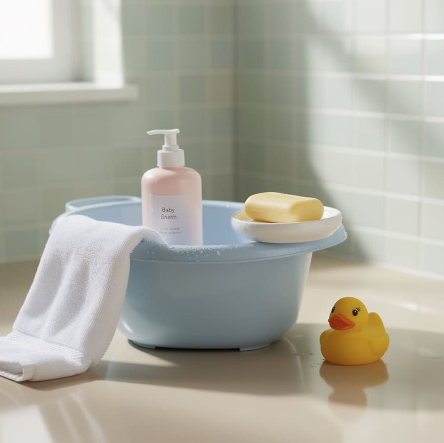 Светлая, чистая ванная комната в пастельных тонах для купания мылыша